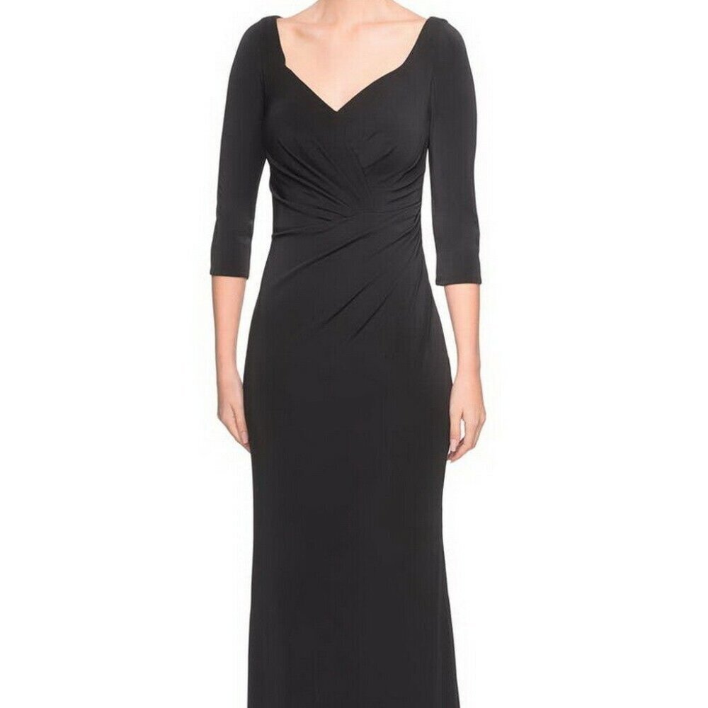 La Femme Curve Black Ruched Jersey Column Gown